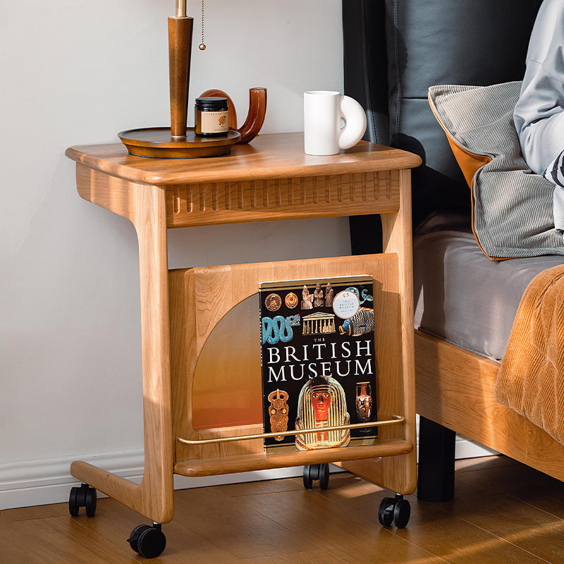 Contemporary Nordic Cherry Wood & Acrylic Rectangular C-Shaped Movable Side Table With 1-Cabinet And Display Shelf For Living Room & Bedroom