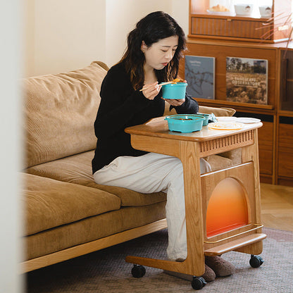 Contemporary Nordic Cherry Wood & Acrylic Rectangular C-Shaped Movable Side Table With 1-Cabinet And Display Shelf For Living Room & Bedroom