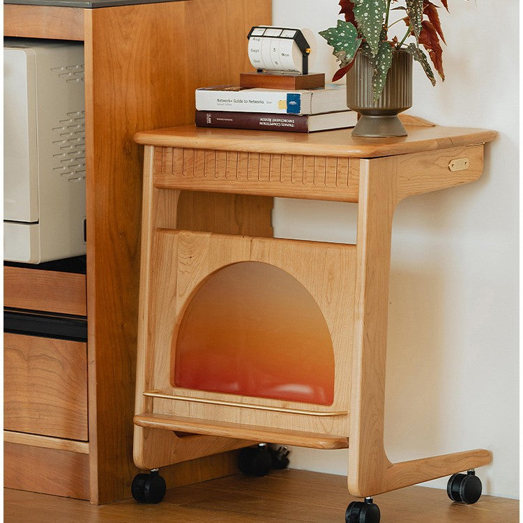 Contemporary Nordic Cherry Wood & Acrylic Rectangular C-Shaped Movable Side Table With 1-Cabinet And Display Shelf For Living Room & Bedroom