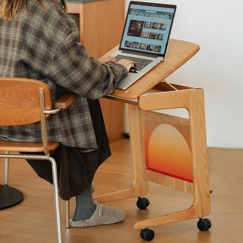 Contemporary Nordic Cherry Wood & Acrylic Rectangular C-Shaped Movable Side Table With 1-Cabinet And Display Shelf For Living Room & Bedroom