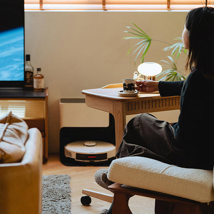 Contemporary Nordic Cherry Wood & Acrylic Rectangular C-Shaped Movable Side Table With 1-Cabinet And Display Shelf For Living Room & Bedroom
