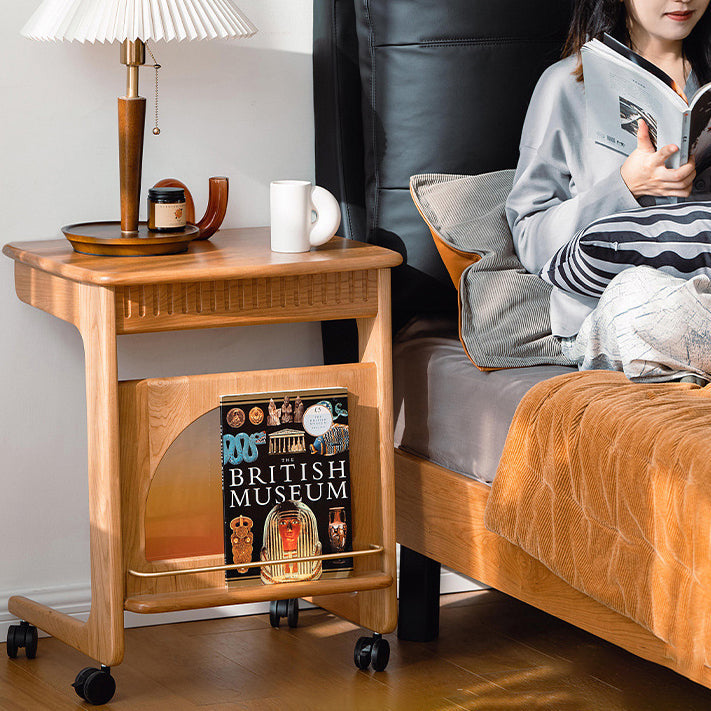 Contemporary Nordic Cherry Wood & Acrylic Rectangular C-Shaped Movable Side Table With 1-Cabinet And Display Shelf For Living Room & Bedroom