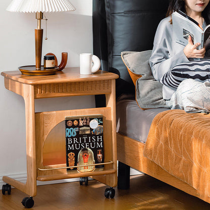 Contemporary Nordic Cherry Wood & Acrylic Rectangular C-Shaped Movable Side Table With 1-Cabinet And Display Shelf For Living Room & Bedroom