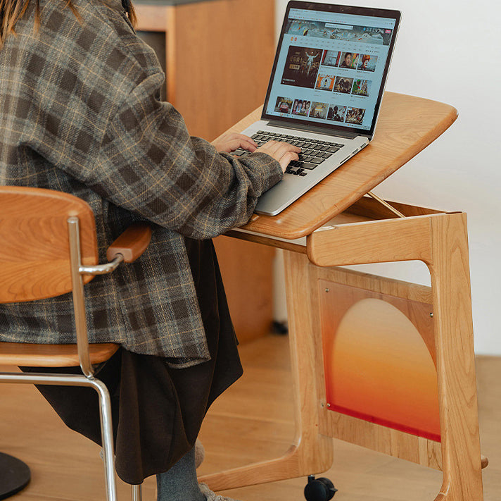 Contemporary Nordic Cherry Wood & Acrylic Rectangular C-Shaped Movable Side Table With 1-Cabinet And Display Shelf For Living Room & Bedroom