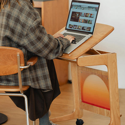 Contemporary Nordic Cherry Wood & Acrylic Rectangular C-Shaped Movable Side Table With 1-Cabinet And Display Shelf For Living Room & Bedroom