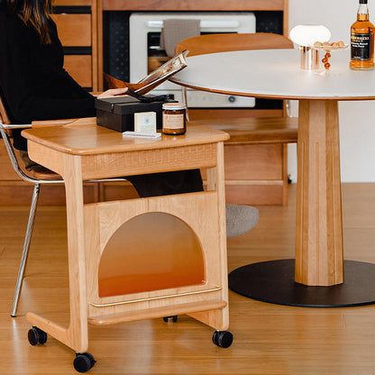 Contemporary Nordic Cherry Wood & Acrylic Rectangular C-Shaped Movable Side Table With 1-Cabinet And Display Shelf For Living Room & Bedroom