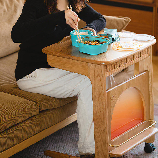 Contemporary Nordic Cherry Wood & Acrylic Rectangular C-Shaped Movable Side Table With 1-Cabinet And Display Shelf For Living Room & Bedroom