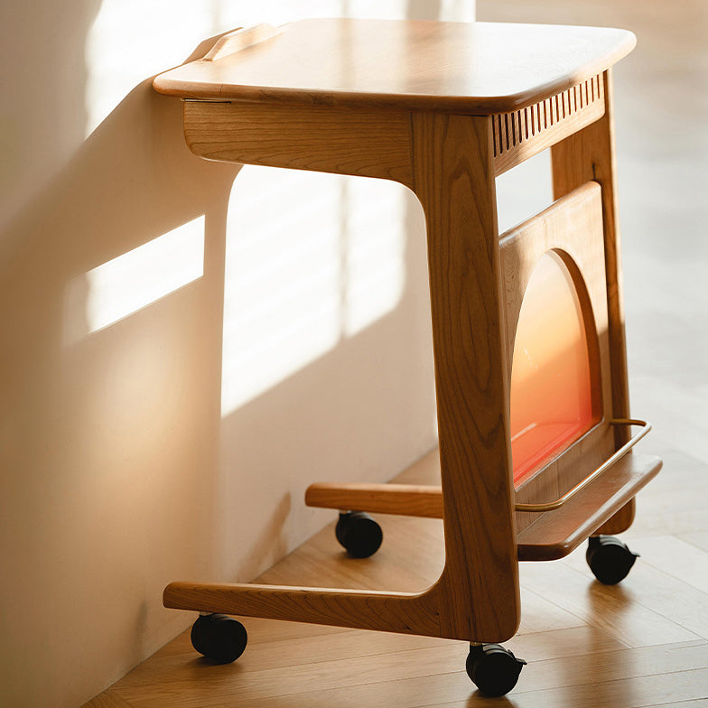 Contemporary Nordic Cherry Wood & Acrylic Rectangular C-Shaped Movable Side Table With 1-Cabinet And Display Shelf For Living Room & Bedroom