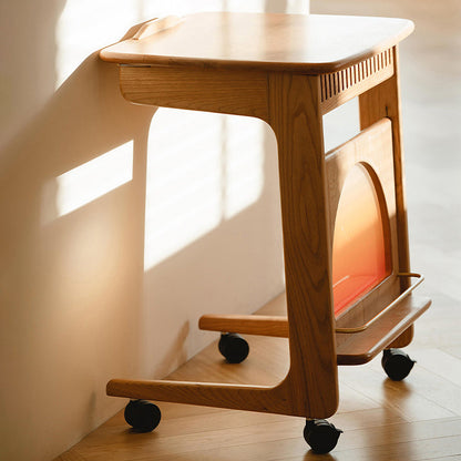 Contemporary Nordic Cherry Wood & Acrylic Rectangular C-Shaped Movable Side Table With 1-Cabinet And Display Shelf For Living Room & Bedroom