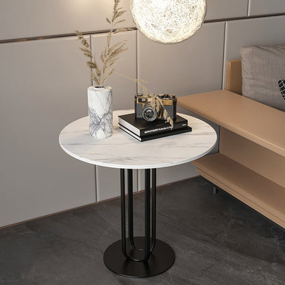 Contemporary Nordic Slab Stainless Steel Carbon Steel Round Side Table With 1-Tray For Living Room & Bedroom