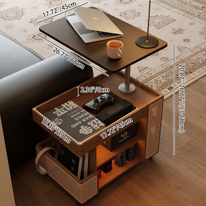 Contemporary Retro Solid Wood Rattan Glass Metal Bus-Shaped Rectangular Side Table With 5 Storage Cabinets And Lift-Top Design For Living Room And Bedroom