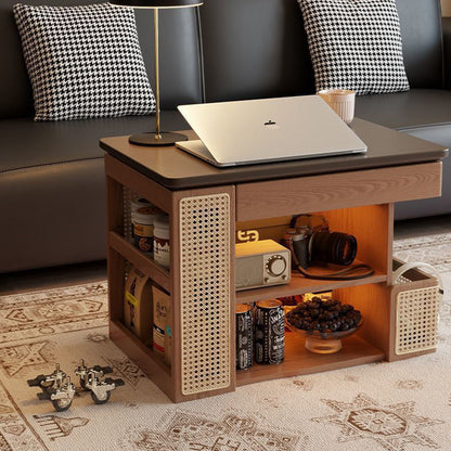Contemporary Retro Solid Wood Rattan Glass Metal Bus-Shaped Rectangular Side Table With 5 Storage Cabinets And Lift-Top Design For Living Room And Bedroom
