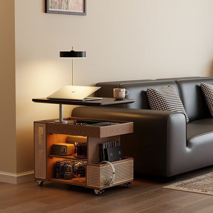 Contemporary Retro Solid Wood Rattan Glass Metal Bus-Shaped Rectangular Side Table With 5 Storage Cabinets And Lift-Top Design For Living Room And Bedroom
