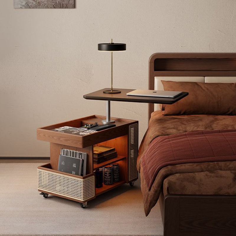 Contemporary Retro Solid Wood Rattan Glass Metal Bus-Shaped Rectangular Side Table With 5 Storage Cabinets And Lift-Top Design For Living Room And Bedroom