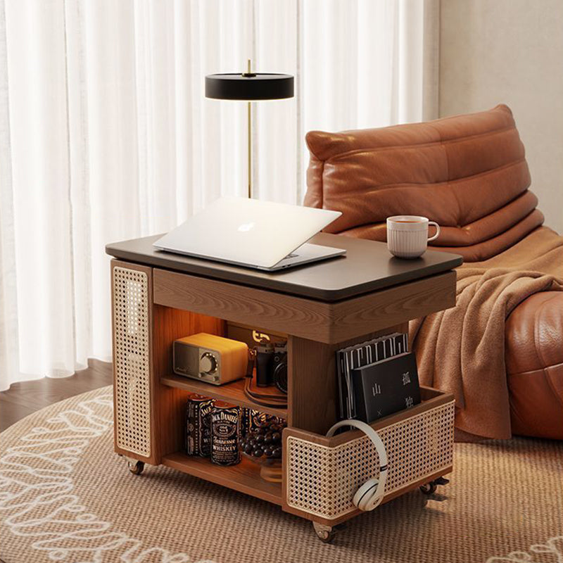 Contemporary Retro Solid Wood Rattan Glass Metal Bus-Shaped Rectangular Side Table With 5 Storage Cabinets And Lift-Top Design For Living Room And Bedroom