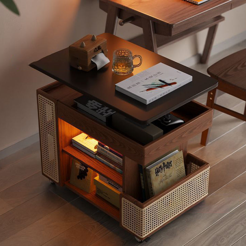 Contemporary Retro Solid Wood Rattan Glass Metal Bus-Shaped Rectangular Side Table With 5 Storage Cabinets And Lift-Top Design For Living Room And Bedroom