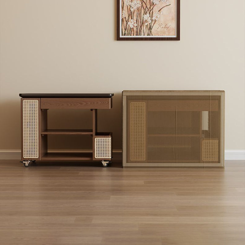 Contemporary Retro Solid Wood Rattan Glass Metal Bus-Shaped Rectangular Side Table With 5 Storage Cabinets And Lift-Top Design For Living Room And Bedroom