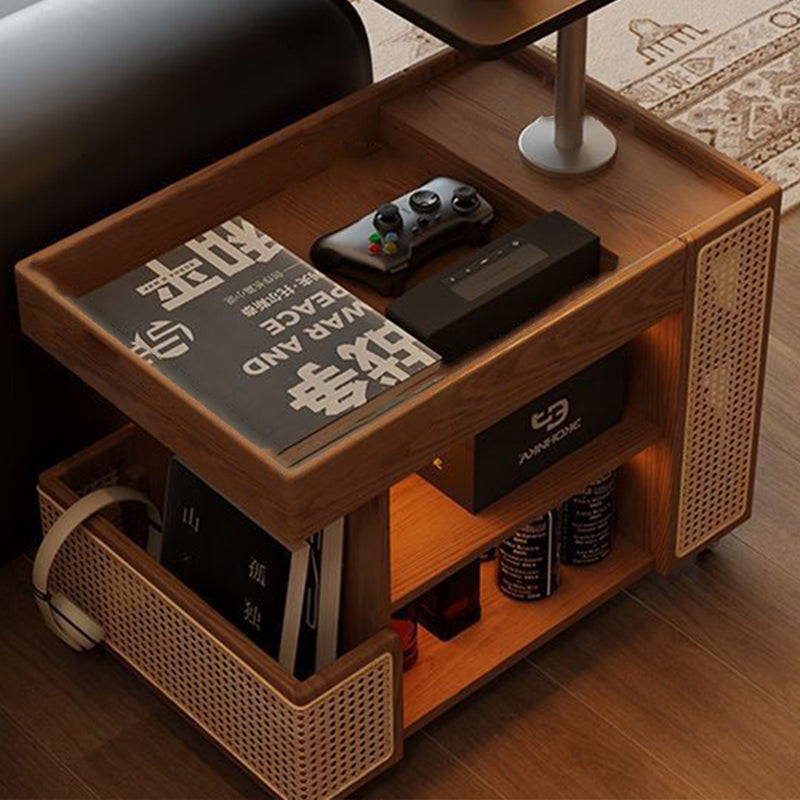 Contemporary Retro Solid Wood Rattan Glass Metal Bus-Shaped Rectangular Side Table With 5 Storage Cabinets And Lift-Top Design For Living Room And Bedroom