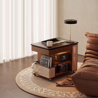 Contemporary Retro Solid Wood Rattan Glass Metal Bus-Shaped Rectangular Side Table With 5 Storage Cabinets And Lift-Top Design For Living Room And Bedroom