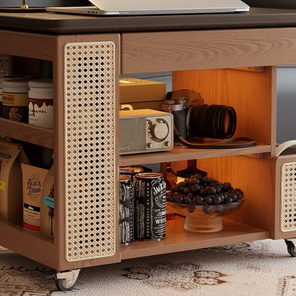 Contemporary Retro Solid Wood Rattan Glass Metal Bus-Shaped Rectangular Side Table With 5 Storage Cabinets And Lift-Top Design For Living Room And Bedroom