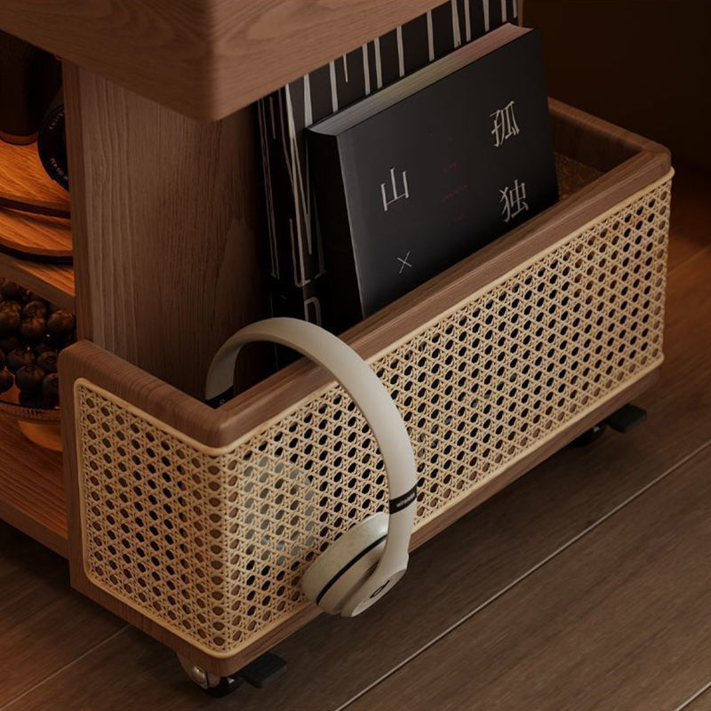 Contemporary Retro Solid Wood Rattan Glass Metal Bus-Shaped Rectangular Side Table With 5 Storage Cabinets And Lift-Top Design For Living Room And Bedroom