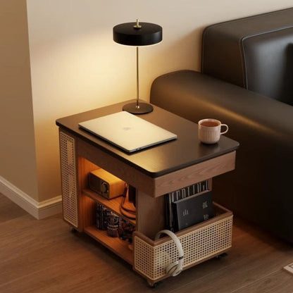 Contemporary Retro Solid Wood Rattan Glass Metal Bus-Shaped Rectangular Side Table With 5 Storage Cabinets And Lift-Top Design For Living Room And Bedroom