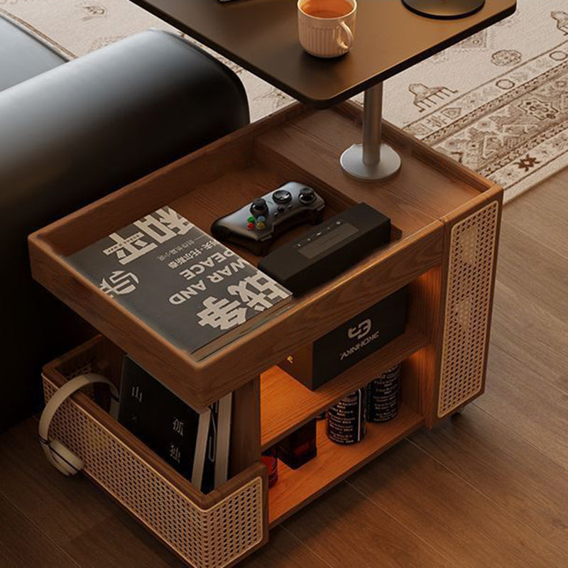Contemporary Retro Solid Wood Rattan Glass Metal Bus-Shaped Rectangular Side Table With 5 Storage Cabinets And Lift-Top Design For Living Room And Bedroom
