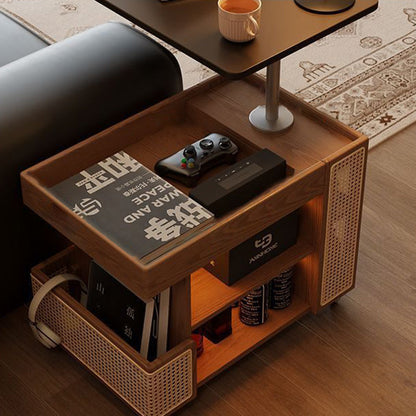 Contemporary Retro Solid Wood Rattan Glass Metal Bus-Shaped Rectangular Side Table With 5 Storage Cabinets And Lift-Top Design For Living Room And Bedroom