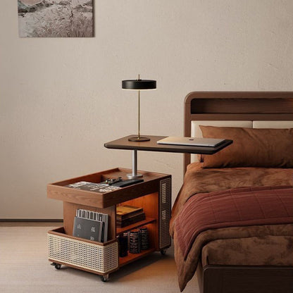 Contemporary Retro Solid Wood Rattan Glass Metal Bus-Shaped Rectangular Side Table With 5 Storage Cabinets And Lift-Top Design For Living Room And Bedroom