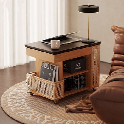 Contemporary Retro Solid Wood Rattan Glass Metal Bus-Shaped Rectangular Side Table With 5 Storage Cabinets And Lift-Top Design For Living Room And Bedroom