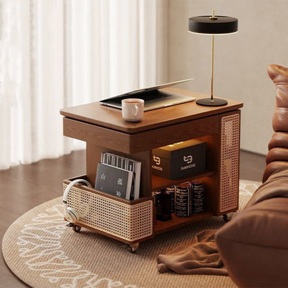 Contemporary Retro Solid Wood Rattan Glass Metal Bus-Shaped Rectangular Side Table With 5 Storage Cabinets And Lift-Top Design For Living Room And Bedroom