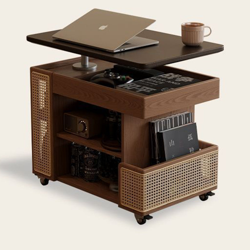 Contemporary Retro Solid Wood Rattan Glass Metal Bus-Shaped Rectangular Side Table With 5 Storage Cabinets And Lift-Top Design For Living Room And Bedroom