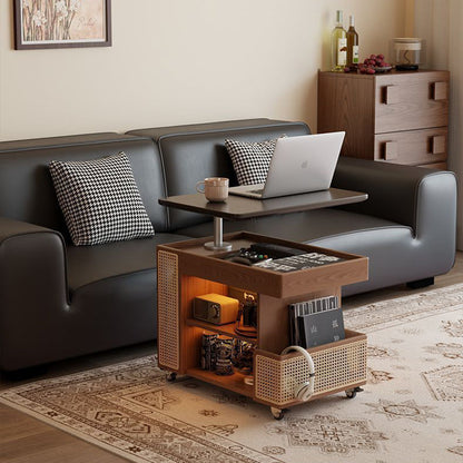 Contemporary Retro Solid Wood Rattan Glass Metal Bus-Shaped Rectangular Side Table With 5 Storage Cabinets And Lift-Top Design For Living Room And Bedroom