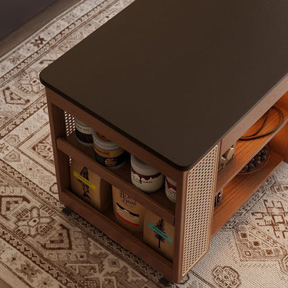 Contemporary Retro Solid Wood Rattan Glass Metal Bus-Shaped Rectangular Side Table With 5 Storage Cabinets And Lift-Top Design For Living Room And Bedroom
