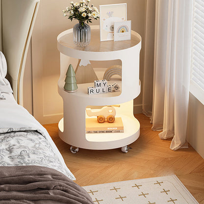 Modern Minimalist Iron And Striped Glass Round & Square Movable Side Table With 3 Tiers For Living Room And Bedroom