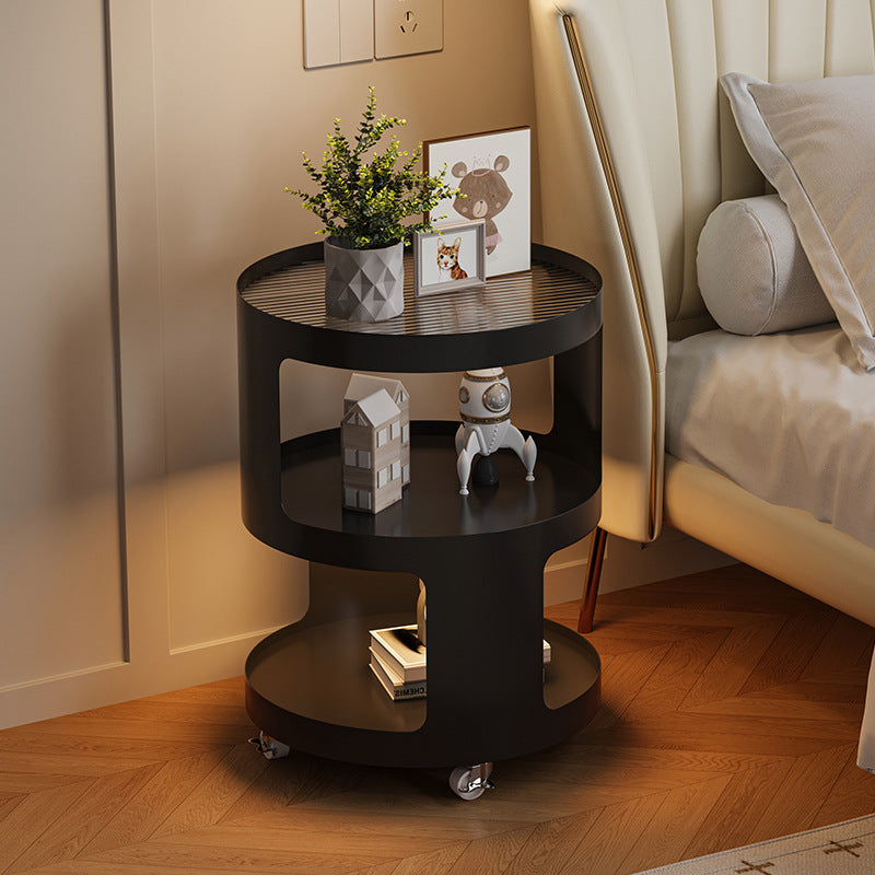 Modern Minimalist Iron And Striped Glass Round & Square Movable Side Table With 3 Tiers For Living Room And Bedroom
