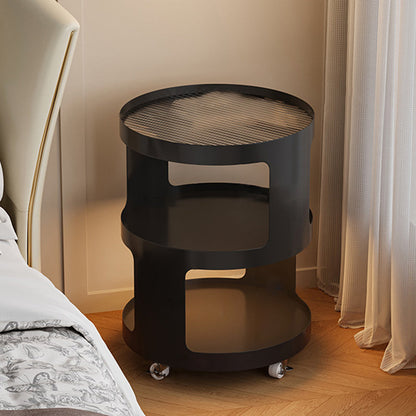 Modern Minimalist Iron And Striped Glass Round & Square Movable Side Table With 3 Tiers For Living Room And Bedroom