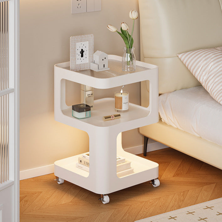 Modern Minimalist Iron And Striped Glass Round & Square Movable Side Table With 3 Tiers For Living Room And Bedroom