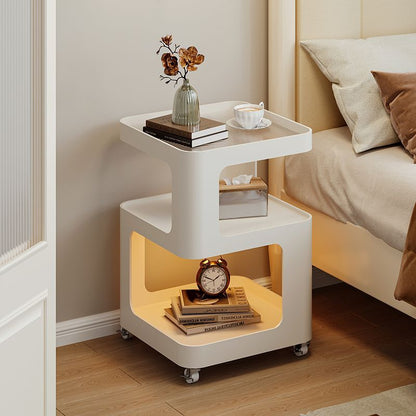 Modern Minimalist Iron And Striped Glass Round & Square Movable Side Table With 3 Tiers For Living Room And Bedroom