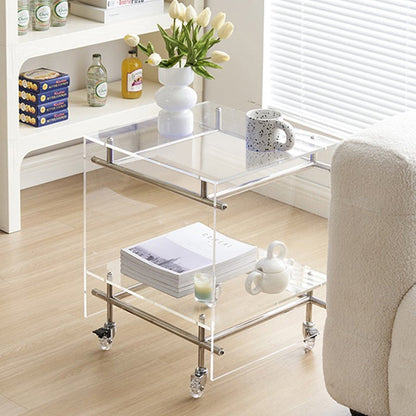 Contemporary Nordic Acrylic And Stainless Steel Square Movable Side Table With 2 Tiers For Living Room And Bedroom