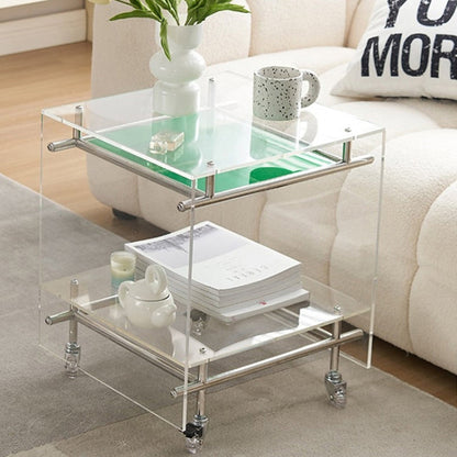 Contemporary Nordic Acrylic And Stainless Steel Square Movable Side Table With 2 Tiers For Living Room And Bedroom