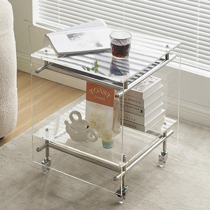 Contemporary Nordic Acrylic And Stainless Steel Square Movable Side Table With 2 Tiers For Living Room And Bedroom