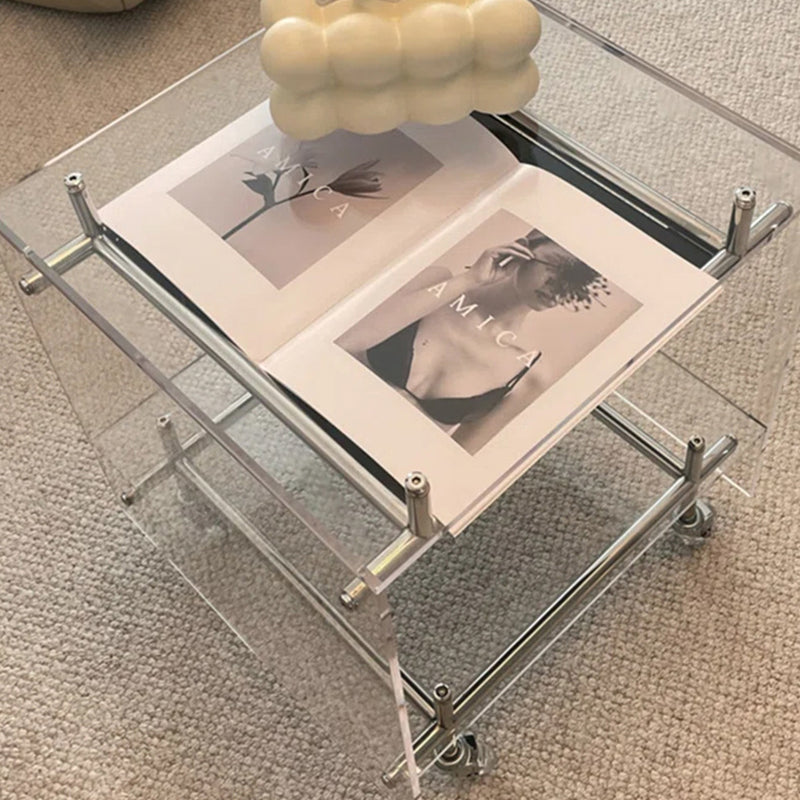 Contemporary Nordic Acrylic And Stainless Steel Square Movable Side Table With 2 Tiers For Living Room And Bedroom