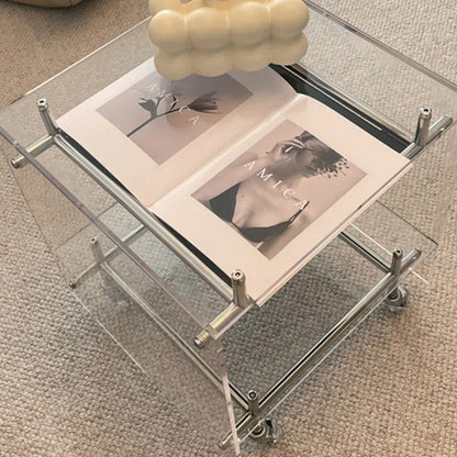 Contemporary Nordic Acrylic And Stainless Steel Square Movable Side Table With 2 Tiers For Living Room And Bedroom