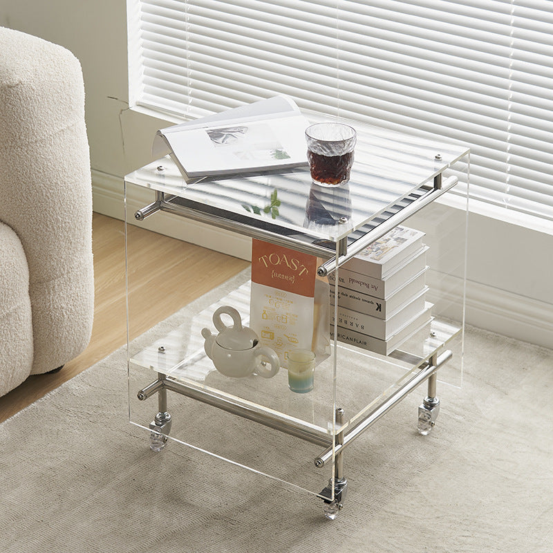 Contemporary Nordic Acrylic And Stainless Steel Square Movable Side Table With 2 Tiers For Living Room And Bedroom