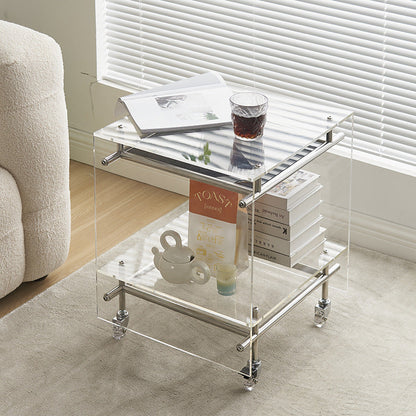 Contemporary Nordic Acrylic And Stainless Steel Square Movable Side Table With 2 Tiers For Living Room And Bedroom