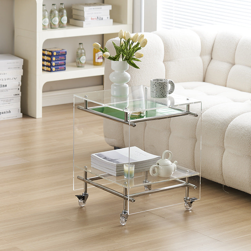 Contemporary Nordic Acrylic And Stainless Steel Square Movable Side Table With 2 Tiers For Living Room And Bedroom