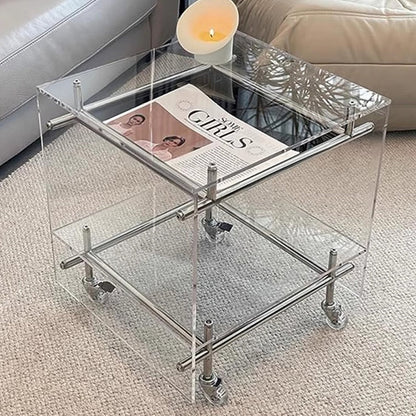 Contemporary Nordic Acrylic And Stainless Steel Square Movable Side Table With 2 Tiers For Living Room And Bedroom