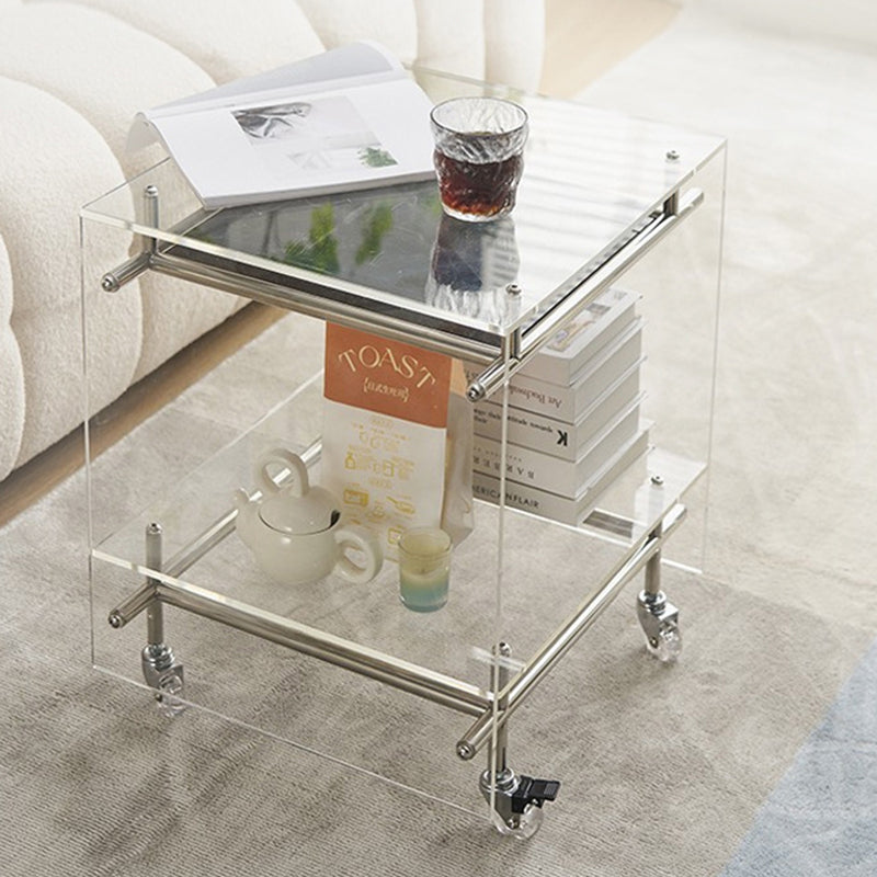 Contemporary Nordic Acrylic And Stainless Steel Square Movable Side Table With 2 Tiers For Living Room And Bedroom