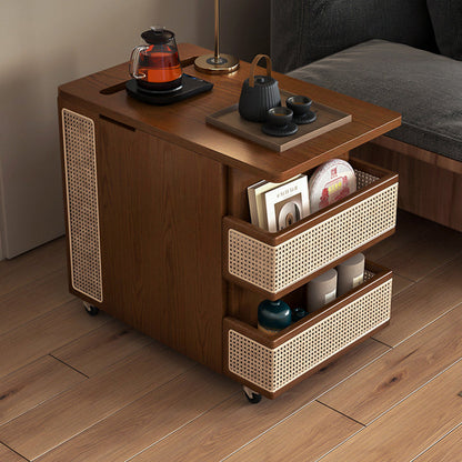 Contemporary Retro Rattan Pine Red Oak & Cherry Wood Rectangular Bus Movable Side Table With 4 Shelves & 2 Cabinets For Living Room And Bedroom